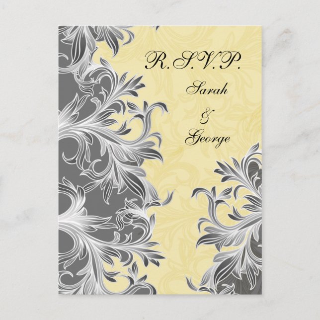 Yellow and Grey Vintage Flourish Wedding Invitation Postcard (Front)
