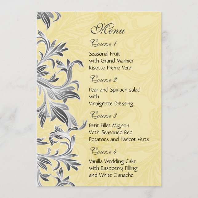 Yellow and Grey Vintage Flourish Wedding Menu (Front)