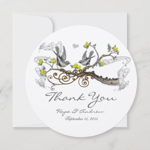 Yellow and Grey Vintage Love Birds Wedding Thank You Card