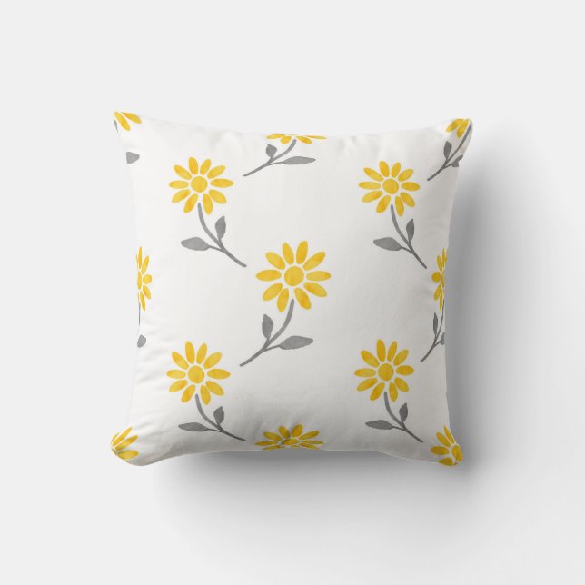 Yellow and Grey Watercolor Daisy Pattern Cushion (Front)