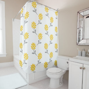 Yellow and Grey Watercolor Daisy Pattern Shower Curtain