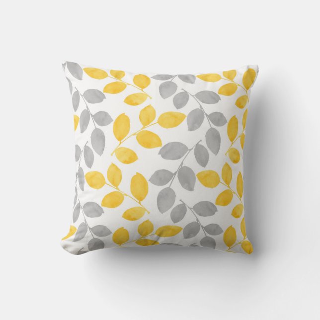 Yellow and Grey Watercolor Leaves Cushion (Front)