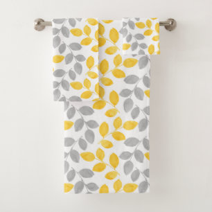 Yellow and Grey Watercolor Leaves Pattern Bath Towel Set