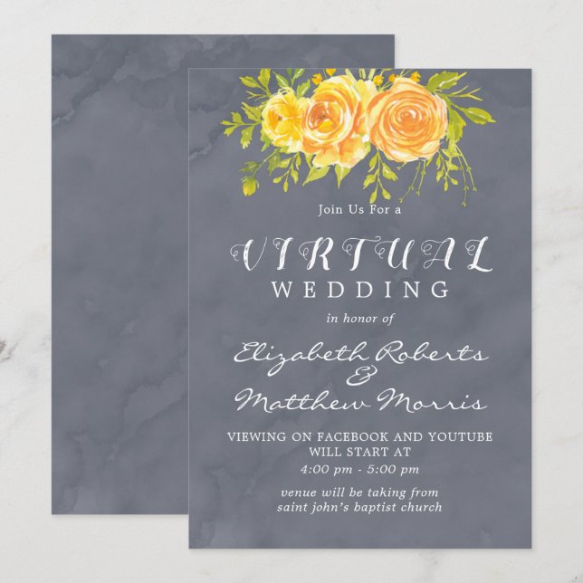 Yellow and Grey Watercolor Peony Virtual Wedding   Invitation (Front/Back)