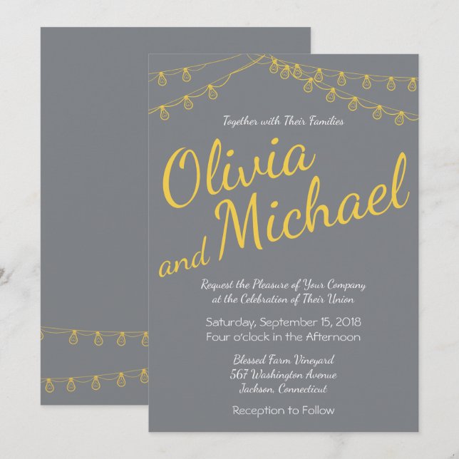 Yellow and Grey Wedding Invitation with Lights (Front/Back)