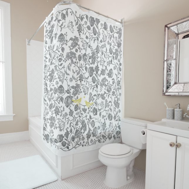 Yellow and Grey White Floral Bird Pattern Shower Curtain (In Situ)