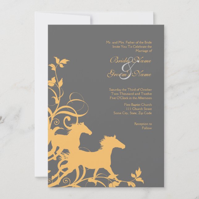 Yellow and Grey Wild Horses Wedding Invitation (Front)