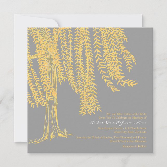 Yellow and Grey Willow Tree Wedding Invitation (Front)