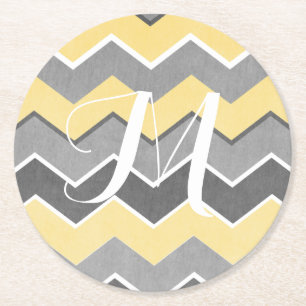 Yellow and Grey Zig Zag Pattern Round Paper Coaster