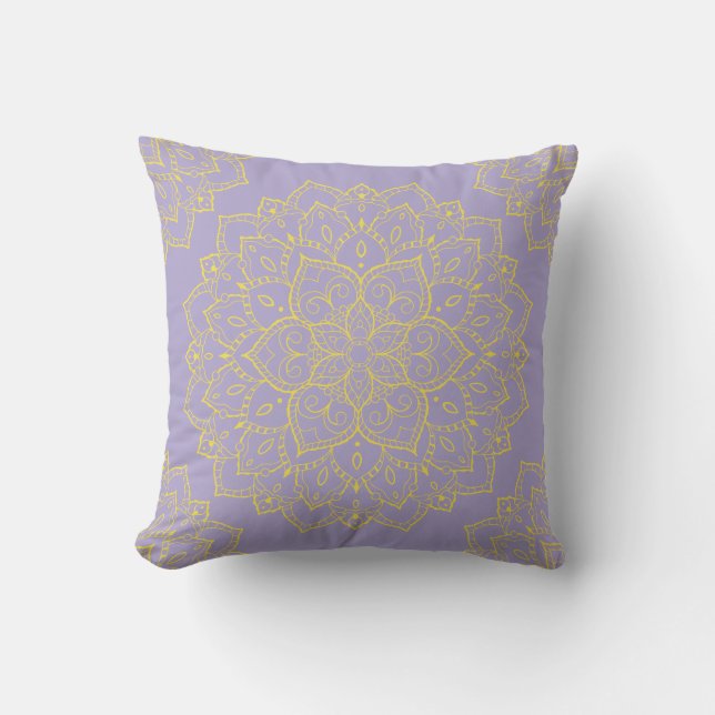 Yellow and Lavender Boho Mandala Pillow (Front)