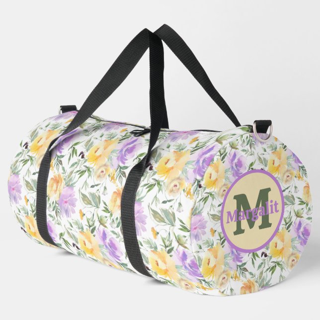 Yellow and Lavender Purple Floral Roses Large Duffle Bag (Left Corner)