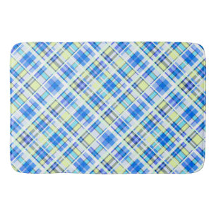 Yellow and light blue chequered print pattern bath mat