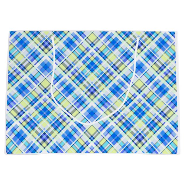 Yellow and light blue chequered print pattern large gift bag (Front)