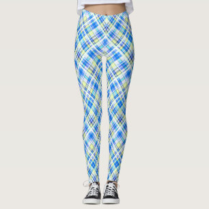 Yellow and light blue chequered print pattern leggings