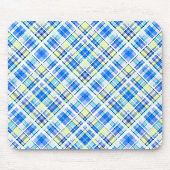 Yellow and light blue chequered print pattern mouse mat (Front)