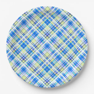 Yellow and light blue chequered print pattern paper plate