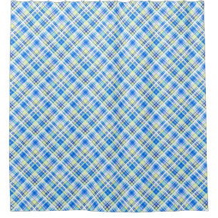 Yellow and light blue chequered print pattern shower curtain