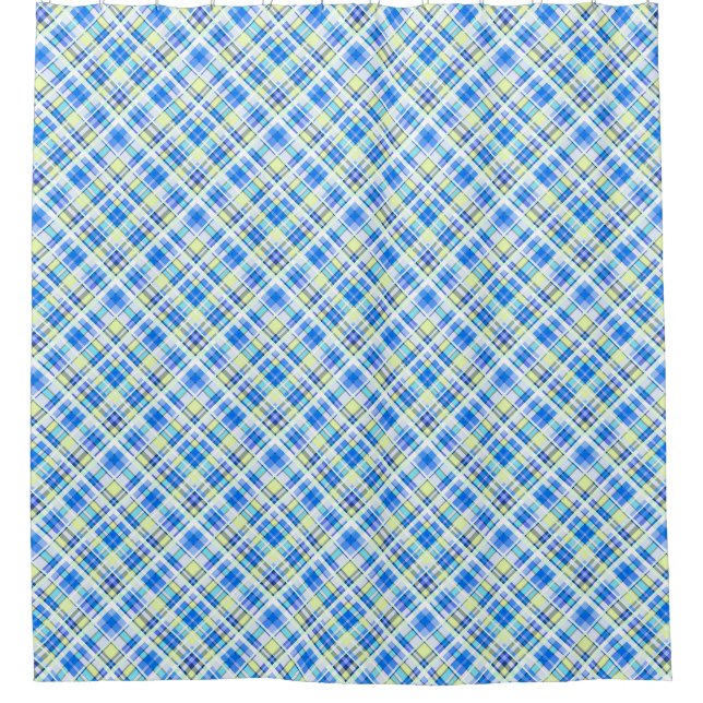 Yellow and light blue chequered print pattern shower curtain (Front)