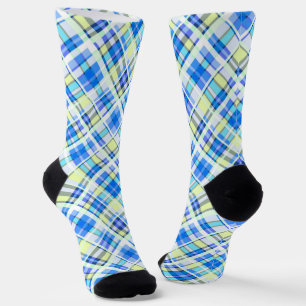Yellow and light blue chequered print pattern socks