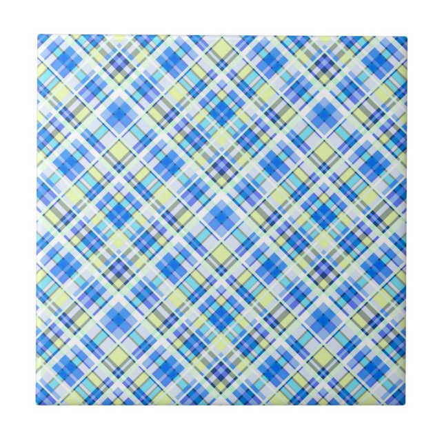 Yellow and light blue chequered print pattern tile (Front)