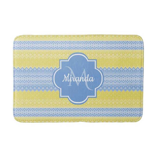 Yellow and Light Blue Knit Pattern With Monogram Bath Mat (Front)