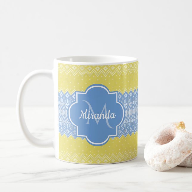 Yellow and Light Blue Knit Pattern With Monogram Coffee Mug (With Donut)