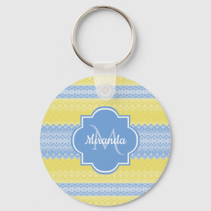 Yellow and Light Blue Knit Pattern With Monogram Key Ring