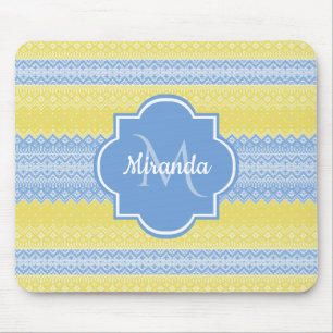 Yellow and Light Blue Knit Pattern With Monogram Mouse Mat