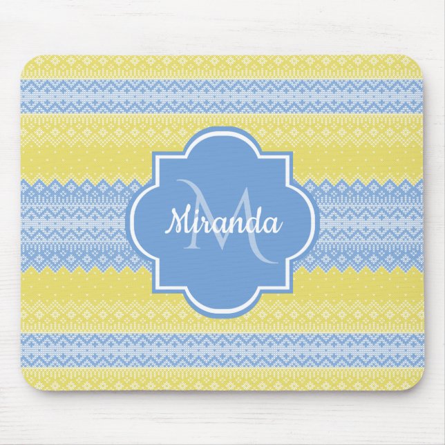 Yellow and Light Blue Knit Pattern With Monogram Mouse Mat (Front)