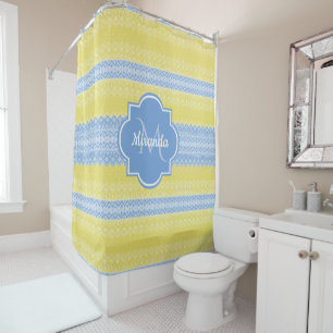 Yellow and Light Blue Knit Pattern With Monogram Shower Curtain