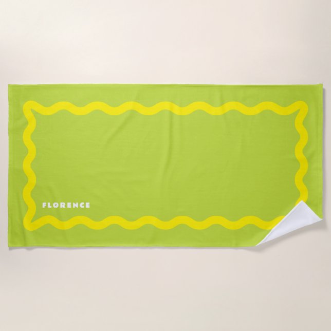 Yellow and Lime Squiggle with Text Beach Towel (Front)