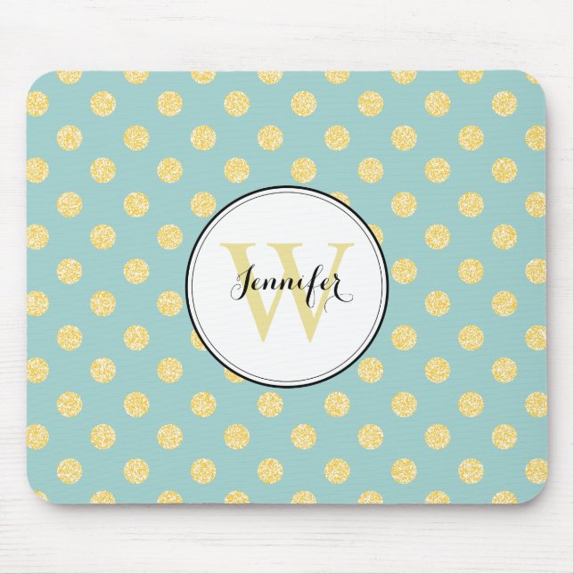 Yellow and Mint Polka Dots Pattern Monogram Mouse Mat (Front)