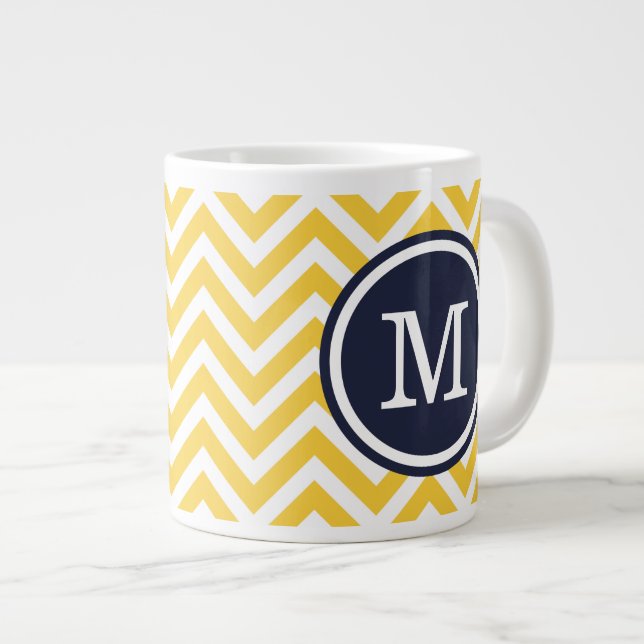 Yellow and Navy Blue Chevron Custom Monogram Large Coffee Mug (Front Right)