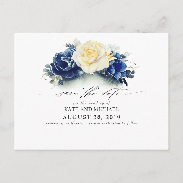 Yellow and Navy Blue Floral Boho Save the Date Postcard (Front)