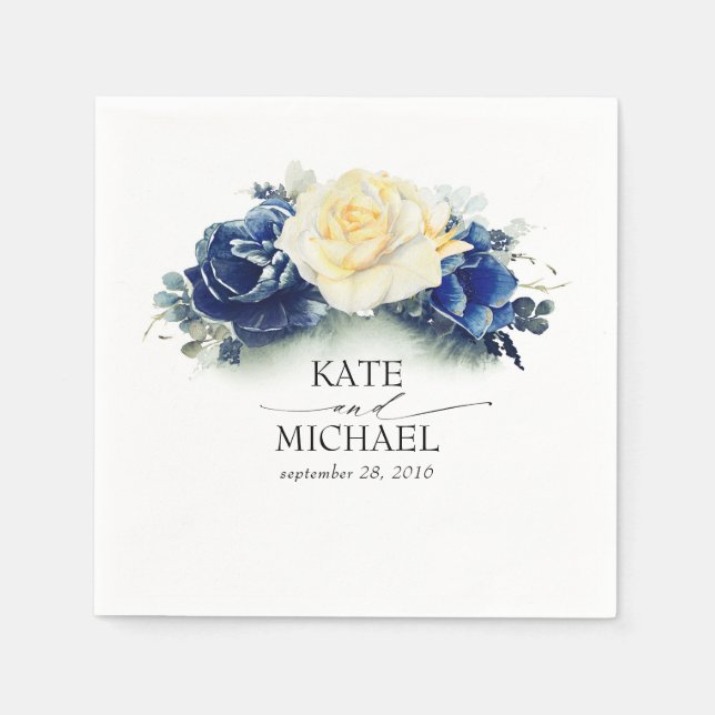 Yellow and Navy Blue Floral Wedding Napkin (Front)