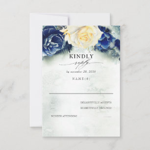 Yellow and Navy Blue Floral Wedding RSVP Card
