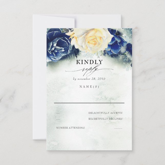 Yellow and Navy Blue Floral Wedding RSVP Card (Front)