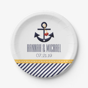 Yellow and Navy Blue Nautical Anchor Wedding Paper Plate