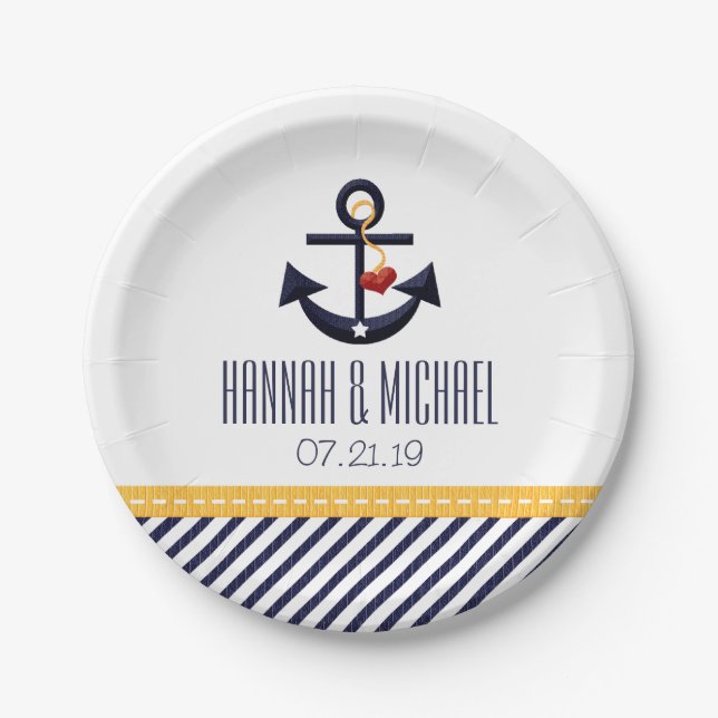 Yellow and Navy Blue Nautical Anchor Wedding Paper Plate (Front)