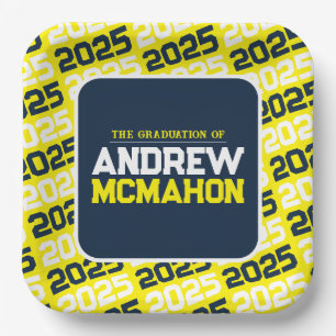 Yellow and Navy Blue Personalised Graduation Paper Plate