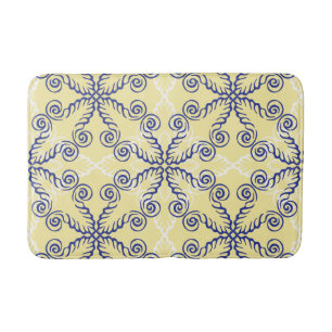 Yellow and Navy Blue Scrollwork Pattern Bath Mat