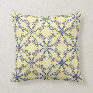 Yellow and Navy Blue Scrollwork Pattern Pillow