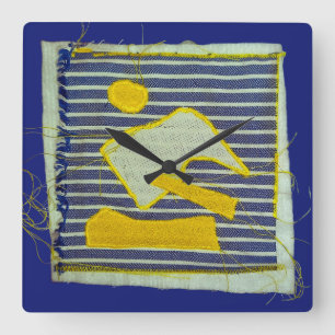 Yellow and Navy Nautical Modern Art Applique Square Wall Clock