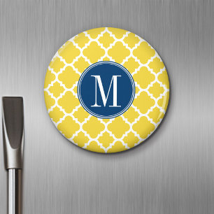 Yellow and Navy Quatrefoil Pattern Custom Monogram Magnet