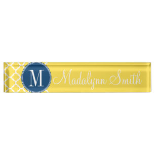 Yellow and Navy Quatrefoil Pattern Custom Monogram Nameplate