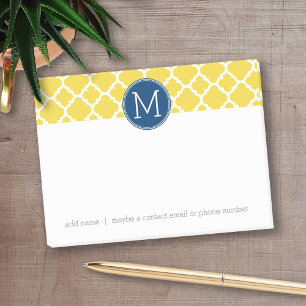 Yellow and Navy Quatrefoil Pattern Custom Monogram Post-it Notes
