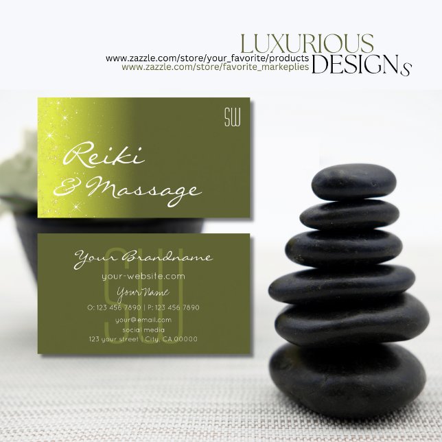 Yellow and Olive Green Glitter Stars with Initials Business Card (Creator Uploaded)