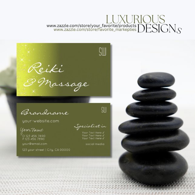 Yellow and Olive Green Glitter Stars with Monogram Business Card (Creator Uploaded)