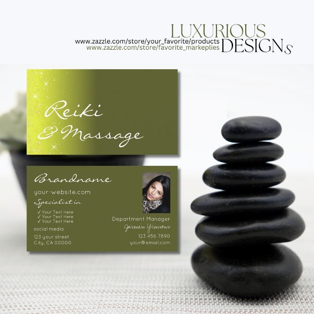 Yellow and Olive Green Glitter Stars with Photo Business Card (Creator Uploaded)