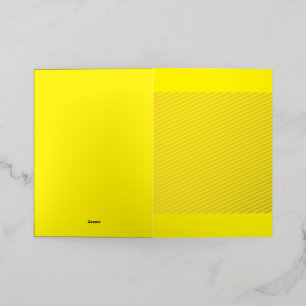 Yellow and orange abstract shapes overlap on a pla foil greeting card